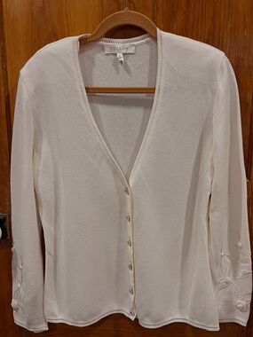 Escada Ivory Knit Button-Down Cardigan with Floral Sleeve Detail